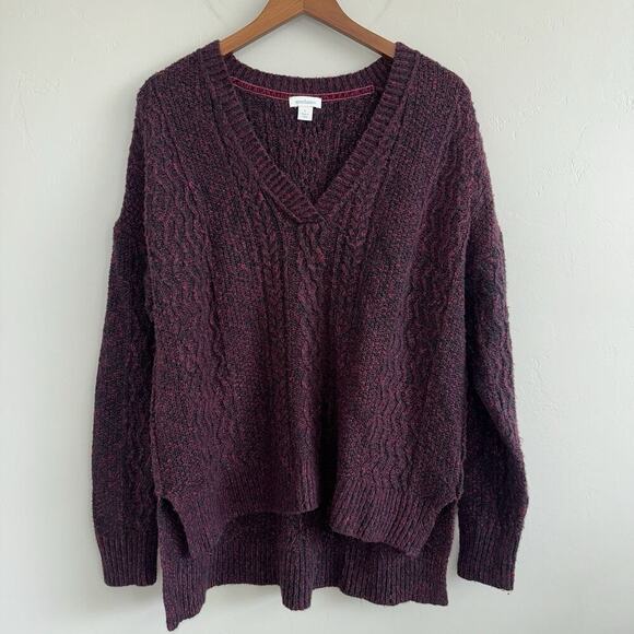 Sundance Cable Knit Pullover Sweater Women’s L Red Black V Neck High Low Hem - Picture 1 of 7